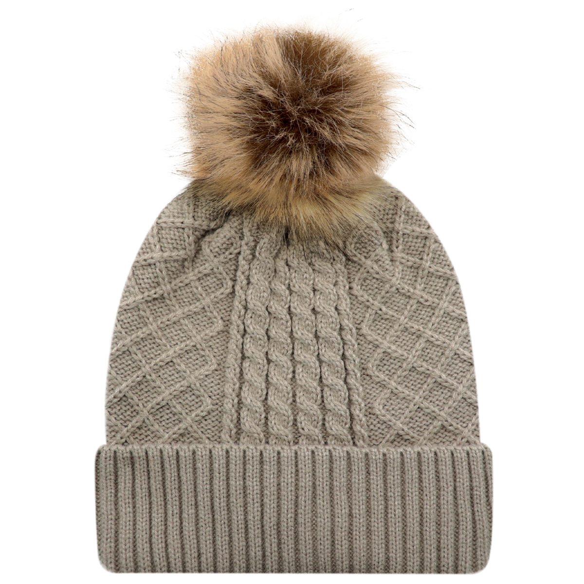 AJM JACQUARD CABLE KNIT FAUX FUR POM TOQUE
