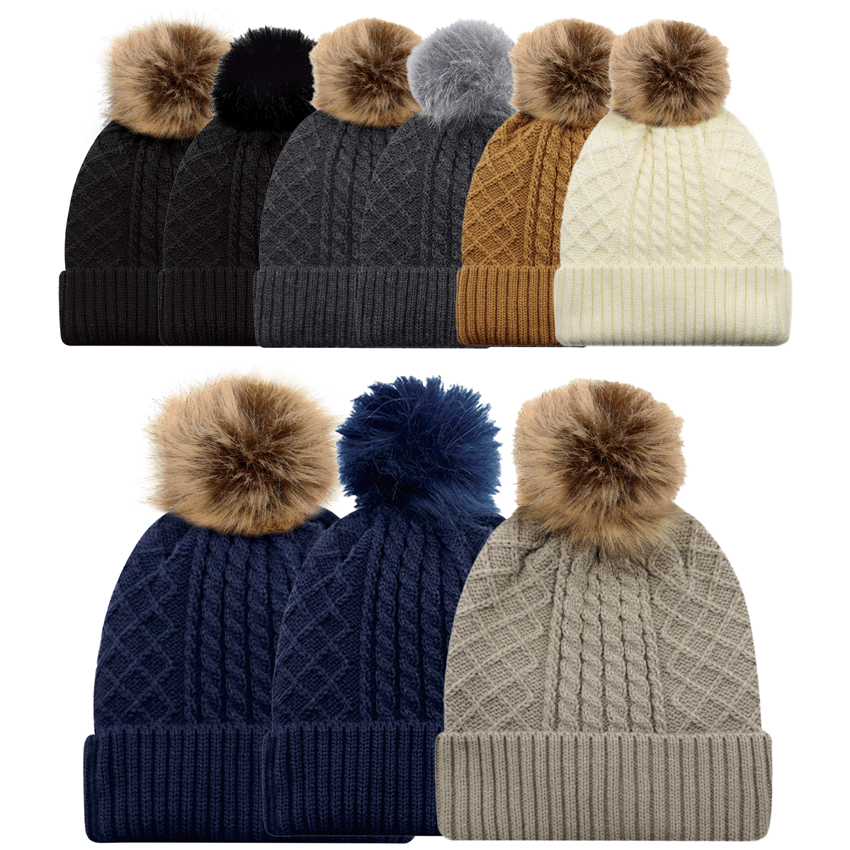AJM JACQUARD CABLE KNIT FAUX FUR POM TOQUE