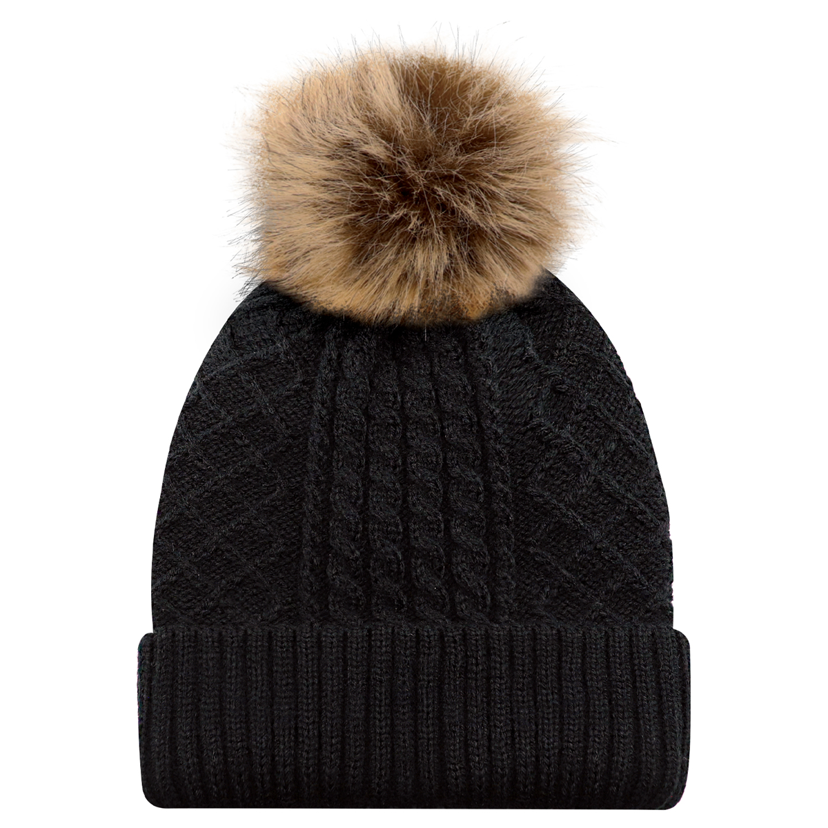 AJM JACQUARD CABLE KNIT FAUX FUR POM TOQUE
