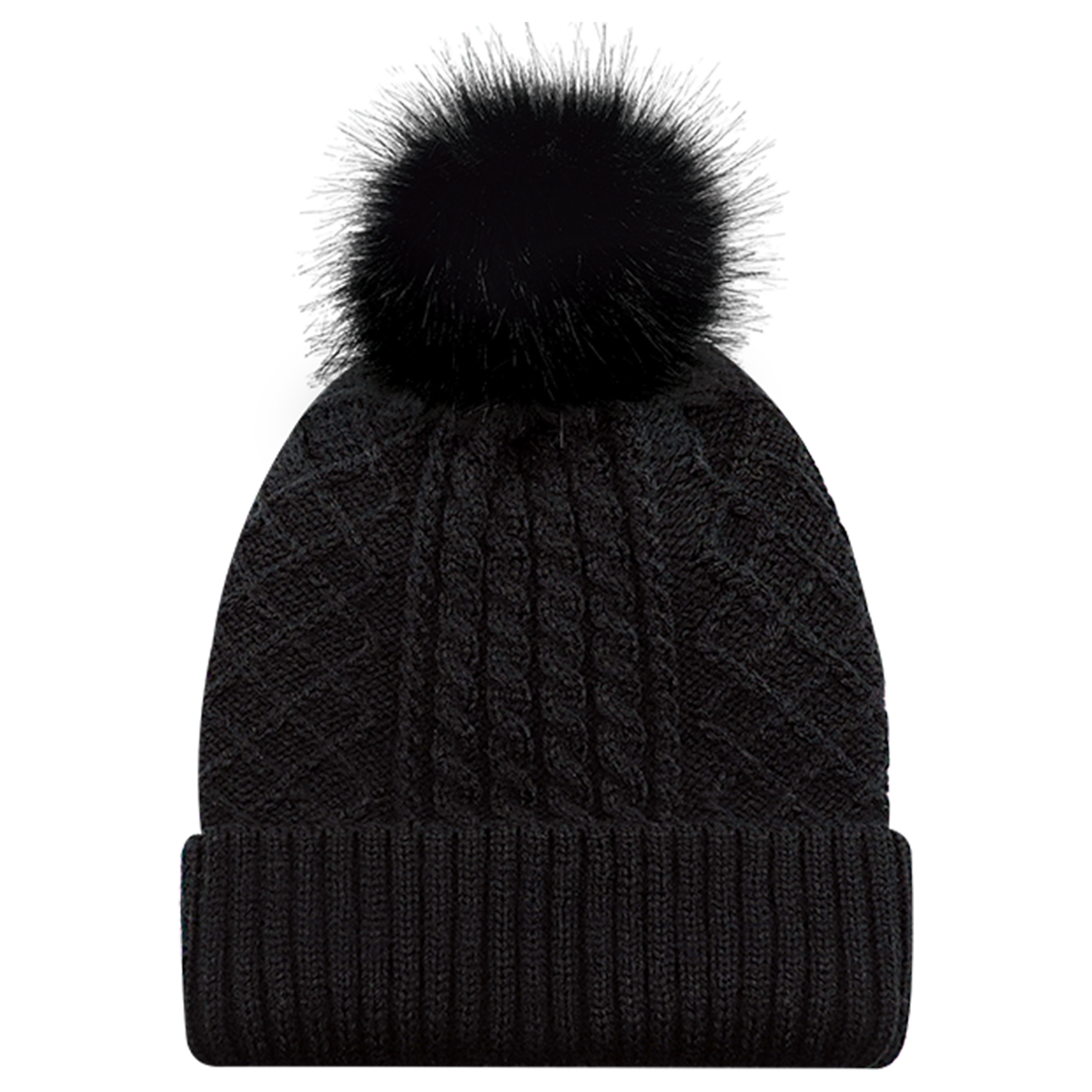 AJM JACQUARD CABLE KNIT FAUX FUR POM TOQUE