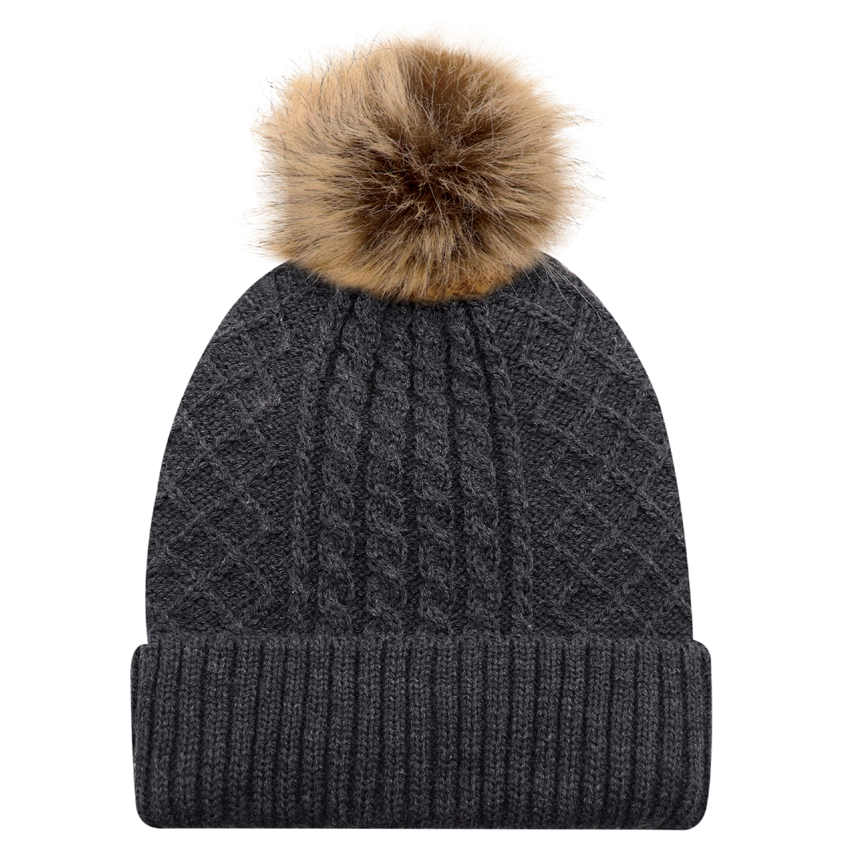 AJM JACQUARD CABLE KNIT FAUX FUR POM TOQUE