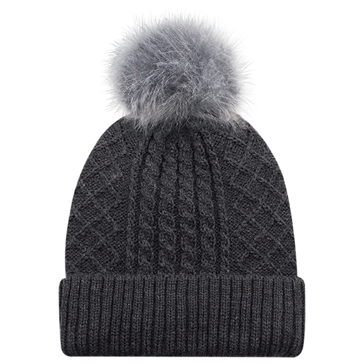 AJM JACQUARD CABLE KNIT FAUX FUR POM TOQUE