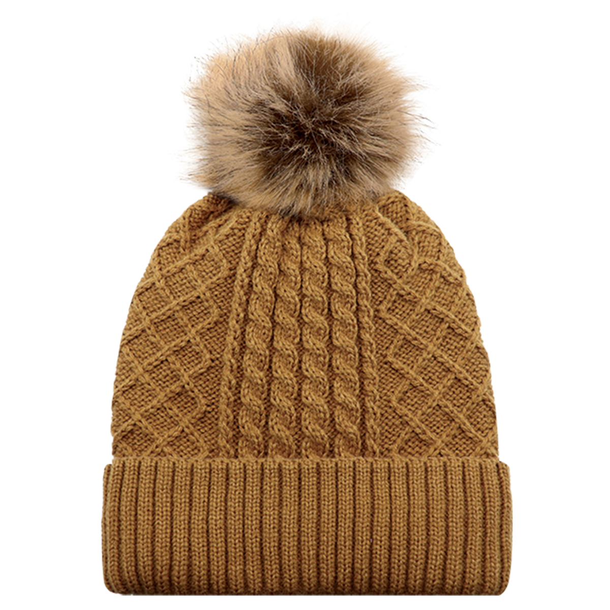 AJM JACQUARD CABLE KNIT FAUX FUR POM TOQUE