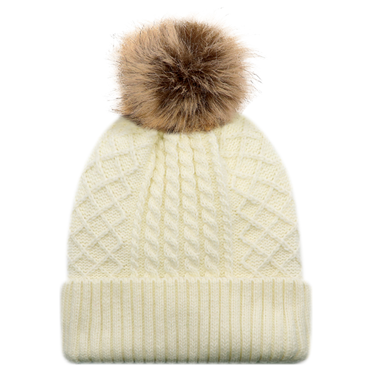 AJM JACQUARD CABLE KNIT FAUX FUR POM TOQUE
