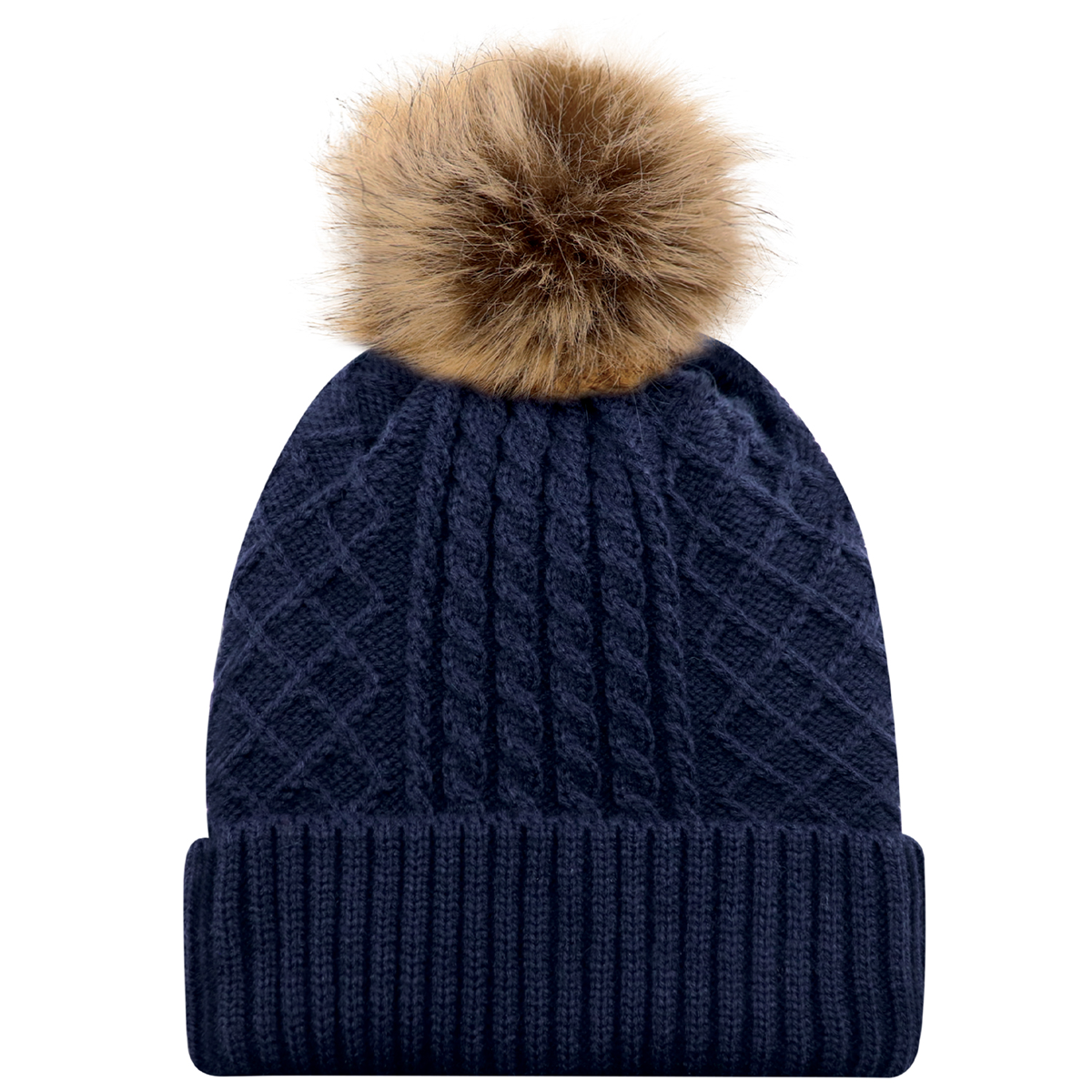 AJM JACQUARD CABLE KNIT FAUX FUR POM TOQUE
