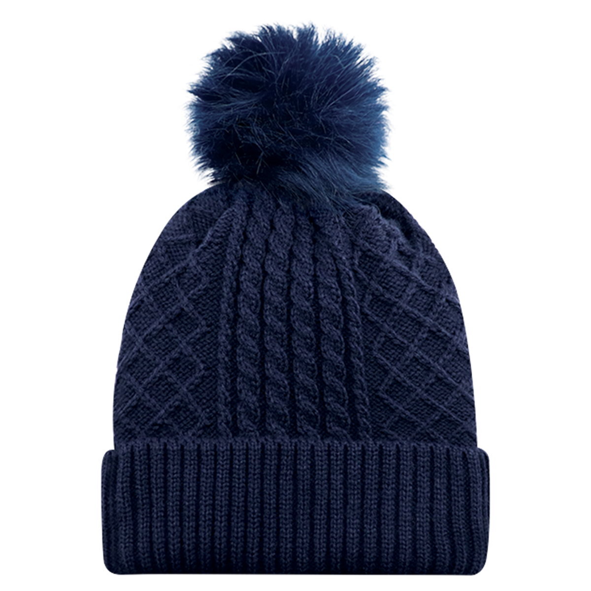 AJM JACQUARD CABLE KNIT FAUX FUR POM TOQUE