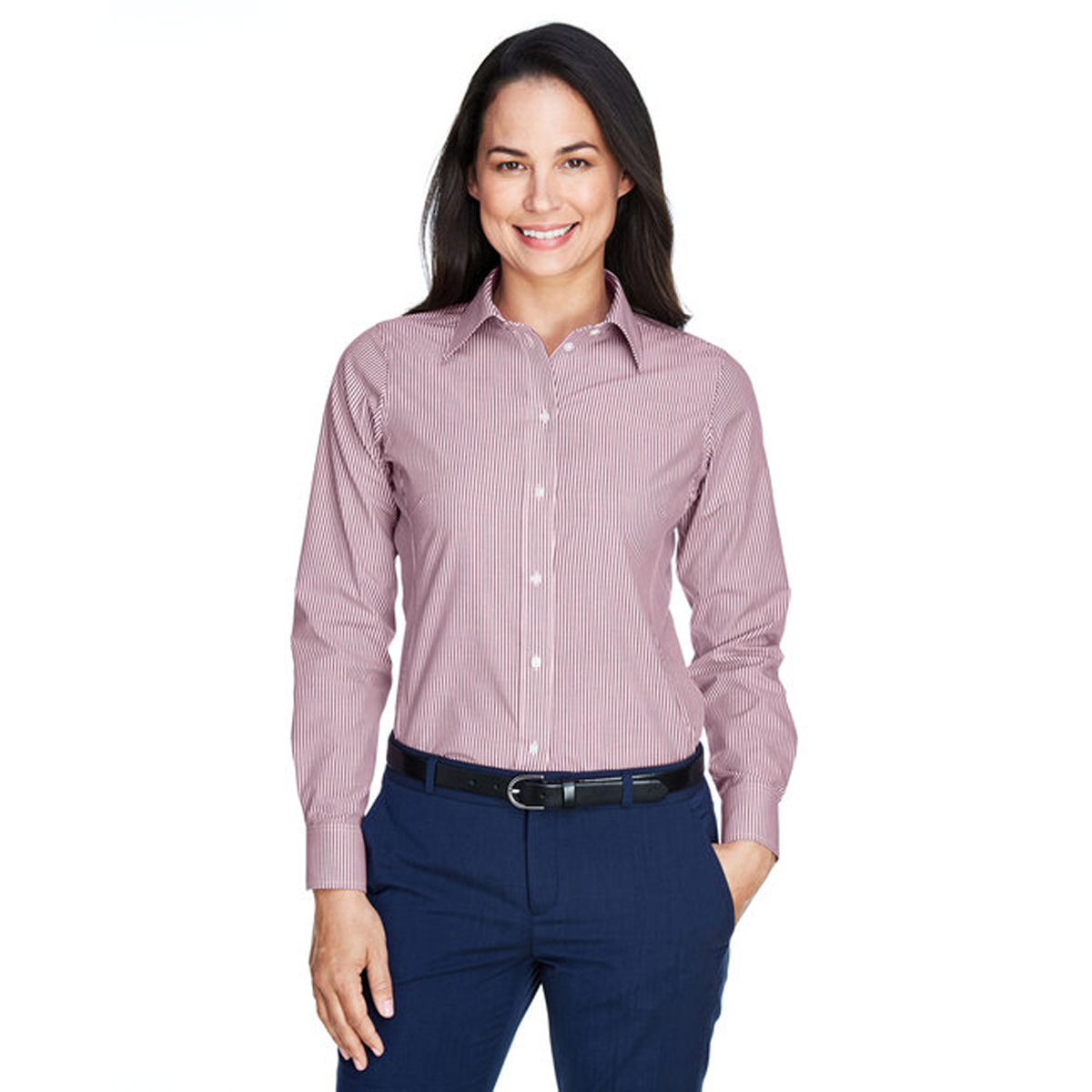 DEVON & JONES LADIES CROWN WOVEN BANKER STRIPE DRESS SHIRT