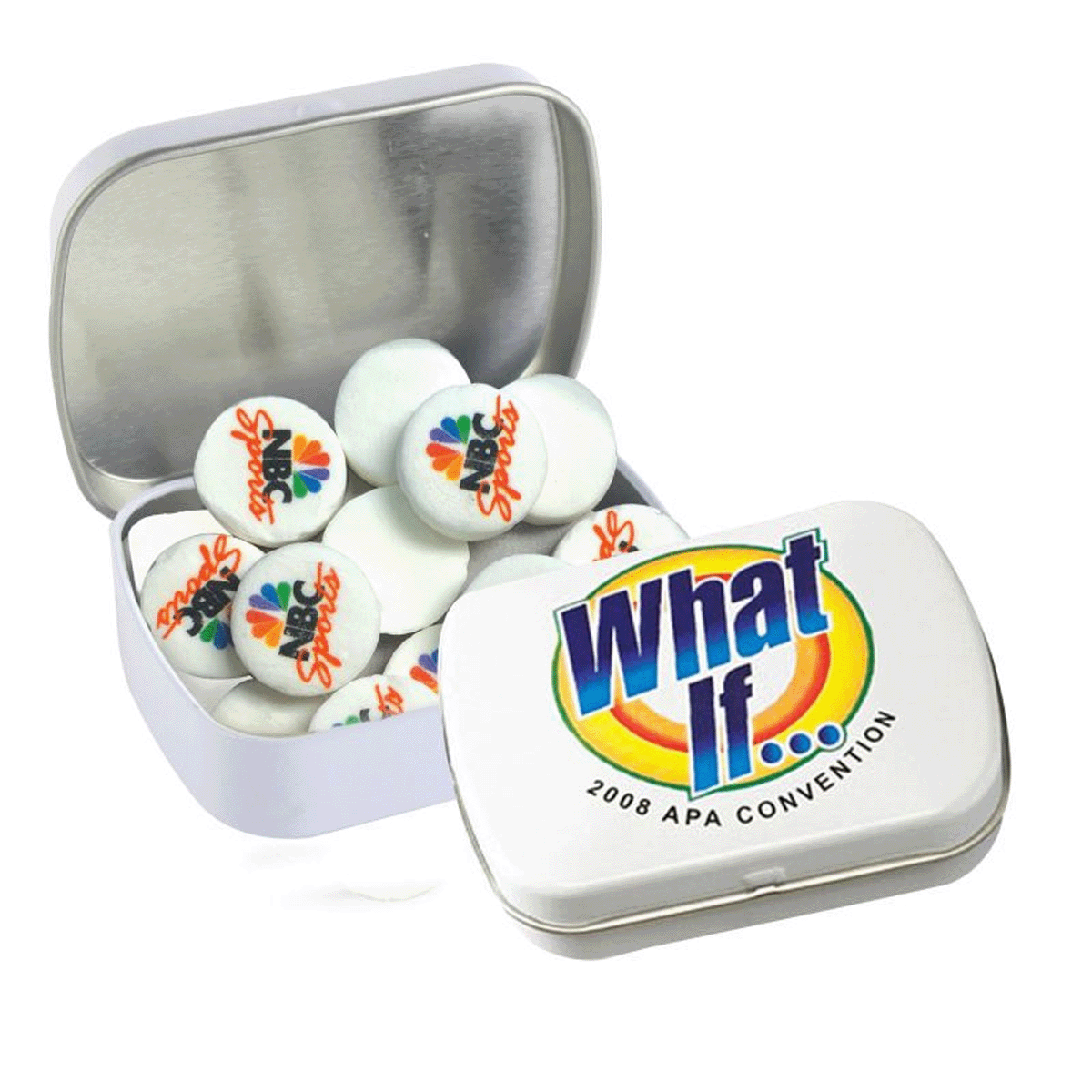 NC CUSTOM IMPRINTED ROUND MINTS IN DOMED TIN