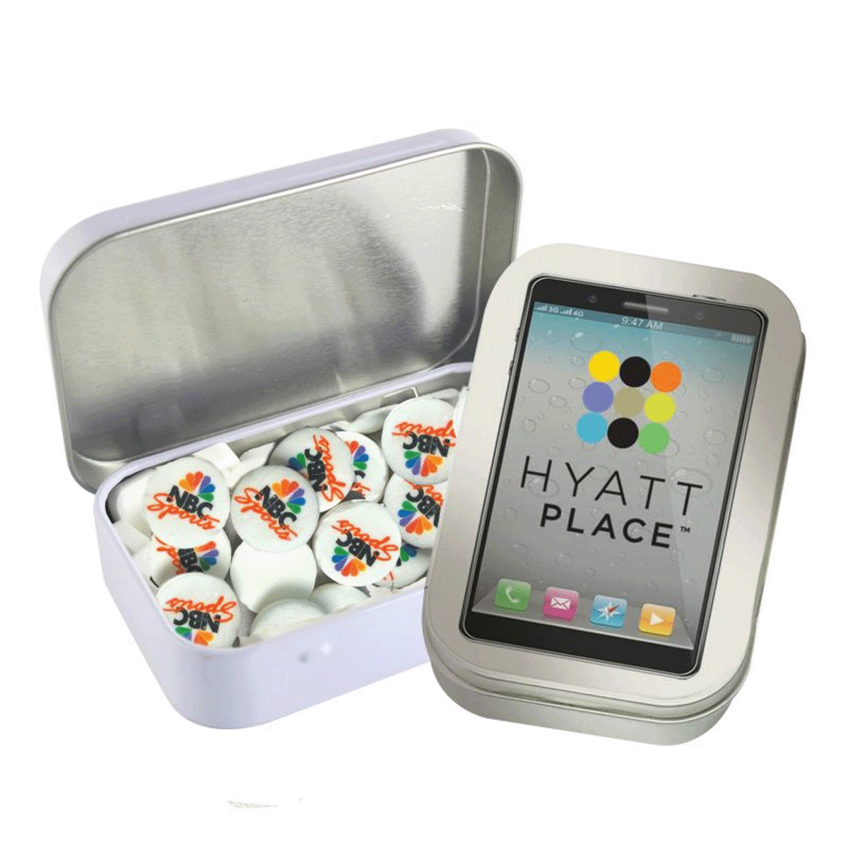 NC CUSTOM IMPRINTED ROUND MINTS IN RECTANGLE TIN