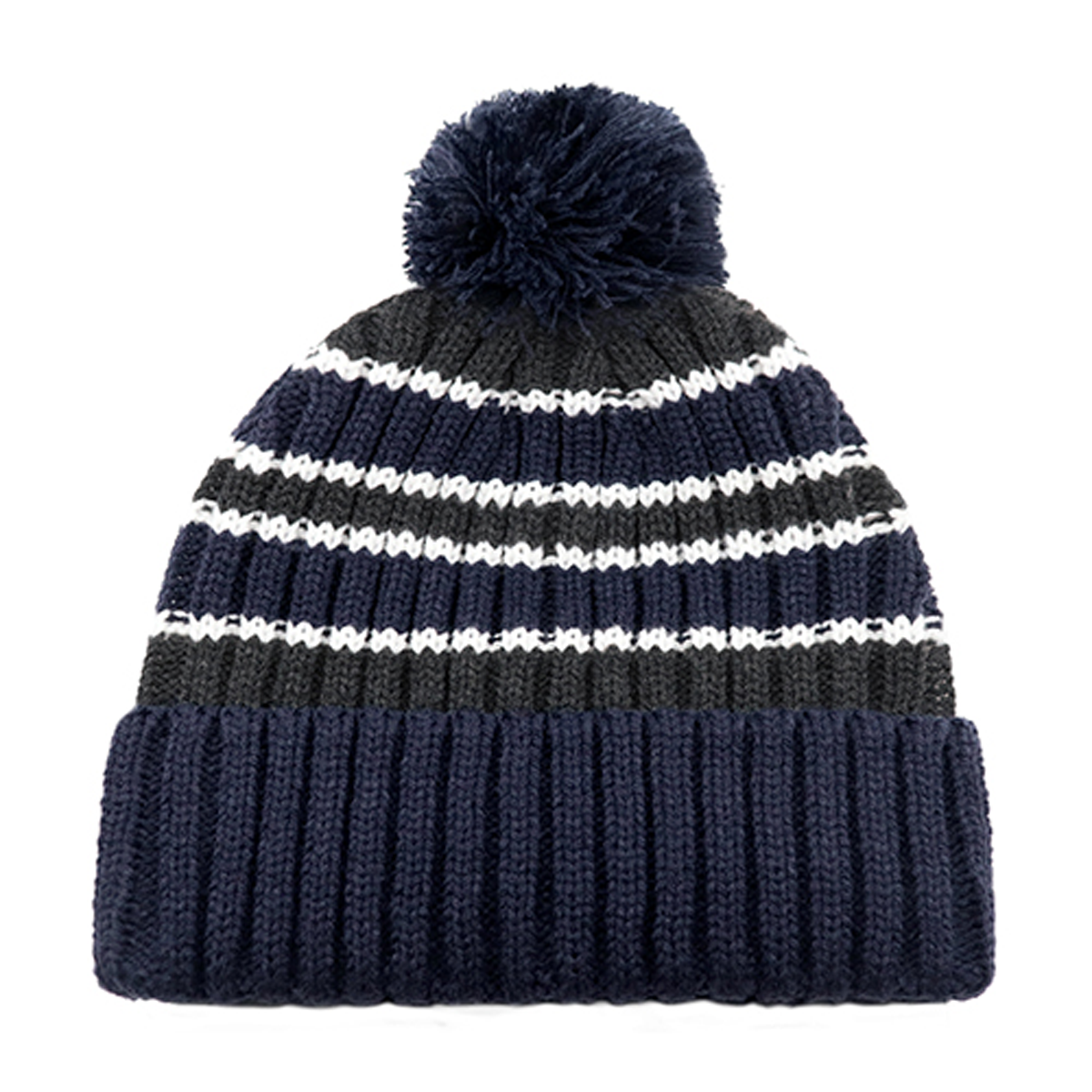 AJM ACRYLIC STRIPE CHUNKY KNIT CUFF TOQUE WITH POM