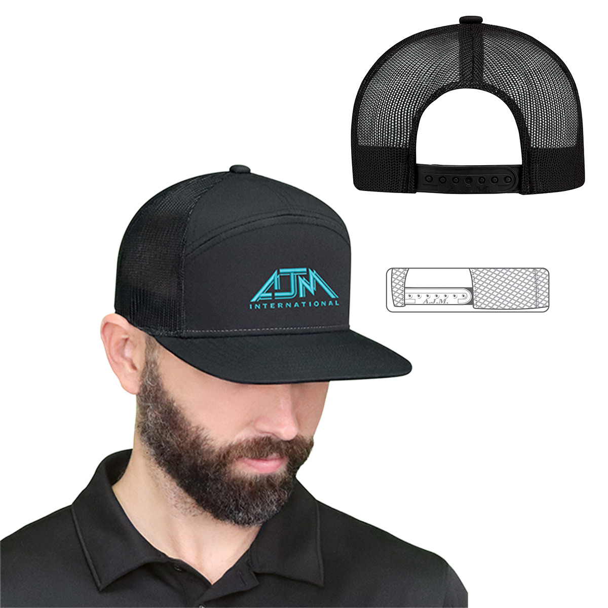 AJM POLY 7-PANEL CAMPER STYLE FLAT BRIM ADJUSTABLE HAT