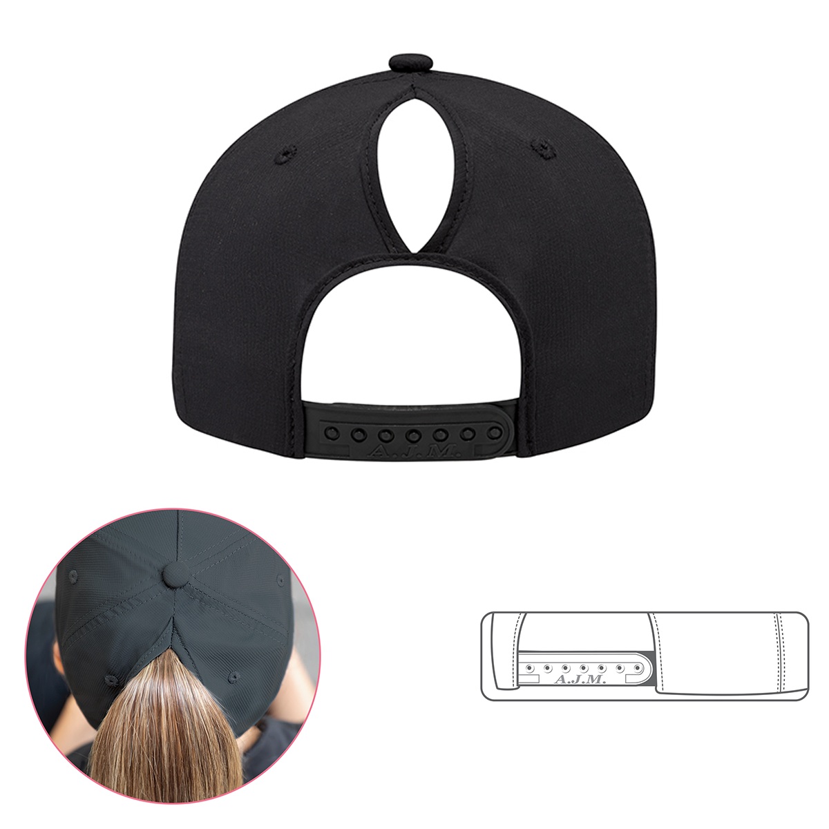 AJM PONYTAIL 5-PANEL UPF50+ ADJUSTABLE HAT