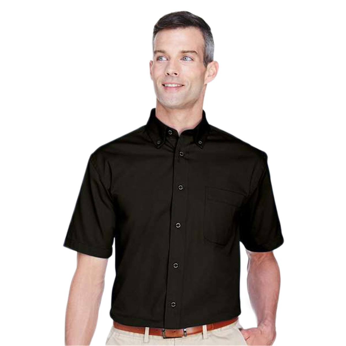 HARRITON MEN'S EASY BLEND SHORT SLEEVE TWILL DRESS SHIRT WITH STAIN RELEASE
