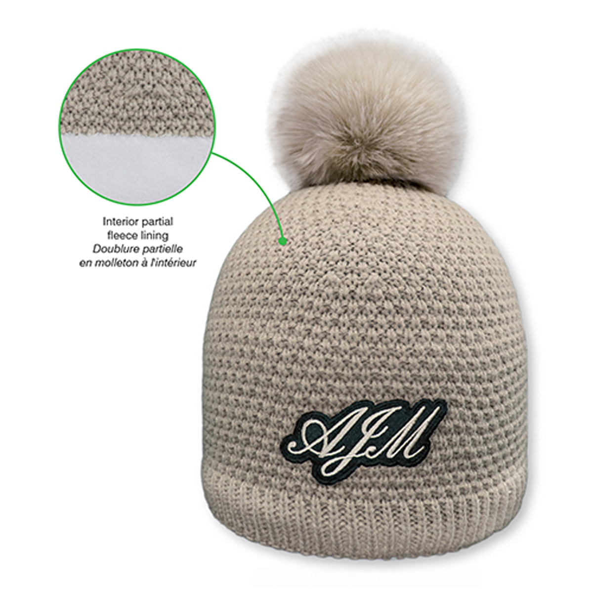 AJM POLYACRYLIC JACQUARD KNIT BOARD TOQUE WITH FAUX RABBIT POM