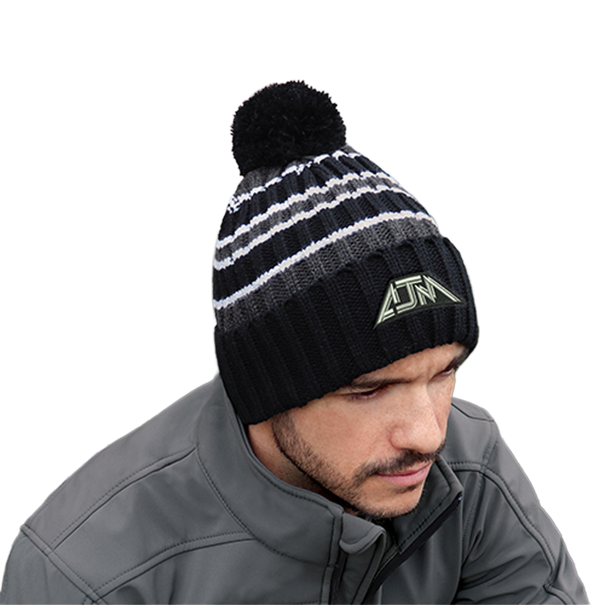 AJM ACRYLIC STRIPE CHUNKY KNIT CUFF TOQUE WITH POM