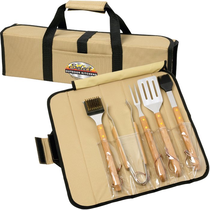 5 PIECE BBQ SET (BAMBOO) IN ROLL UP CASE